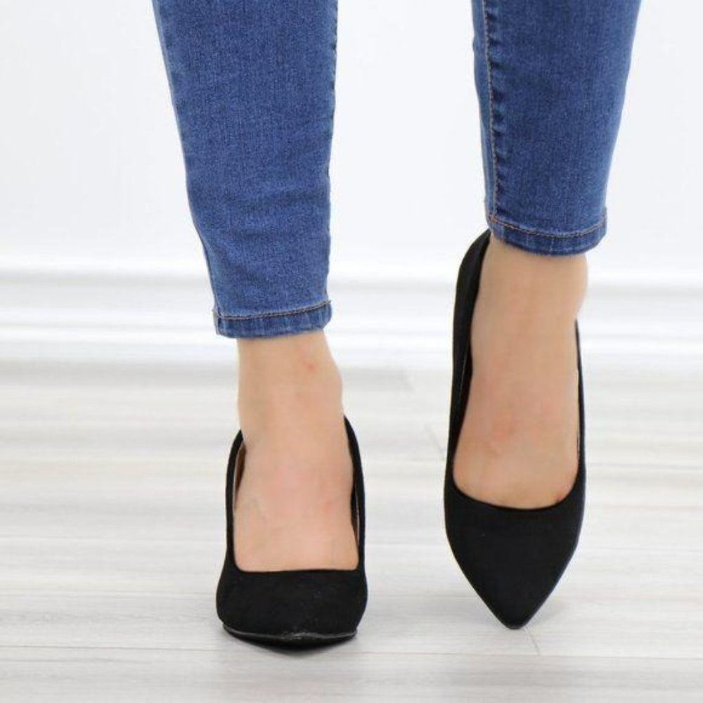 Black Suede Pointy Toe Kitten Low Heel Pumps - Picture 10 of 13